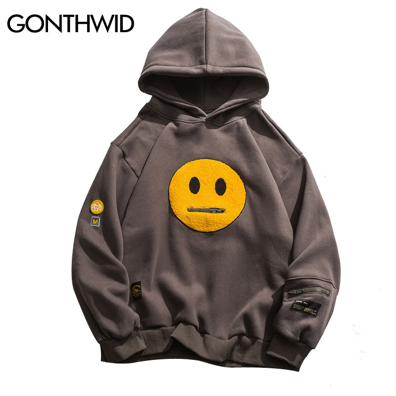 GONTHWID Zipper Pocket Smile Face Patchwork Fleece Hoodies