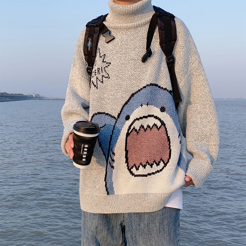 ZAZOMDE Men Turtlenecks Shark Sweater Men 2022 Winter Patchwor Harajuku Korean Style High Neck Oversized Grey Turtleneck For Men