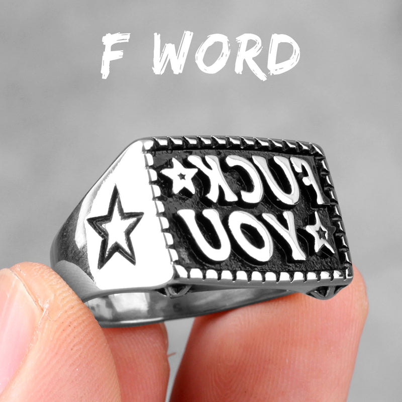 F Word Rapper Punk Retro Black Stainless Steel Mens Rings Hip Hop Stylish for Boyfriend Biker Jewelry Creativity Gift Wholesale