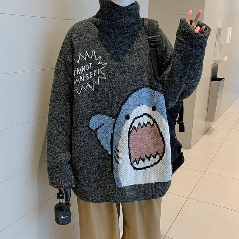 ZAZOMDE Men Turtlenecks Shark Sweater Men 2022 Winter Patchwor Harajuku Korean Style High Neck For Men