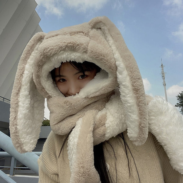 Women Cute Big Ear Bunny  Winter Warm Soft Thickening Pocket Hats  Hooded