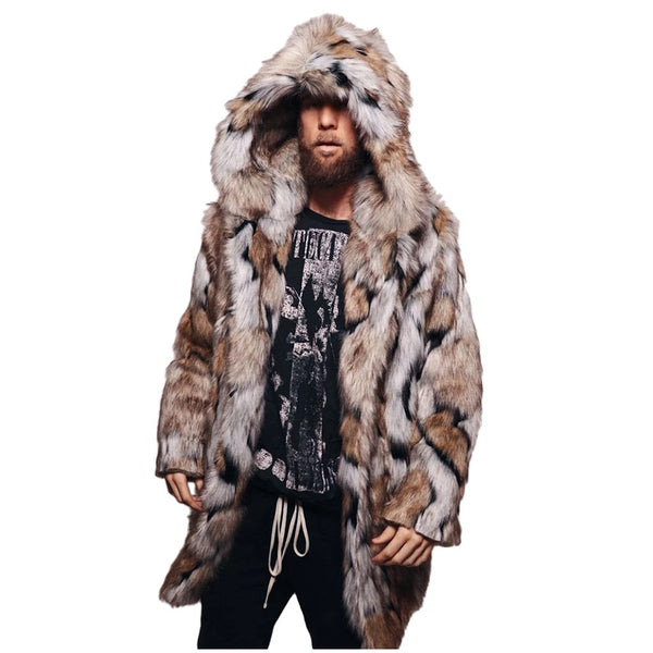 Fashion Mens Warm Leopard Thick Hooded Coat Jacket Faux Fur Outwear Overcoat Mens Warm Leopard Thick Hooded Coat Outwear#g30