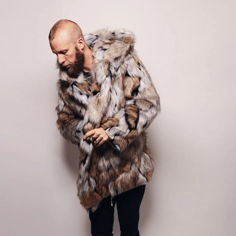 Fashion Mens Warm Leopard Thick Hooded Coat Jacket Faux Fur Outwear Overcoat Mens Warm Leopard Thick Hooded Coat Outwear