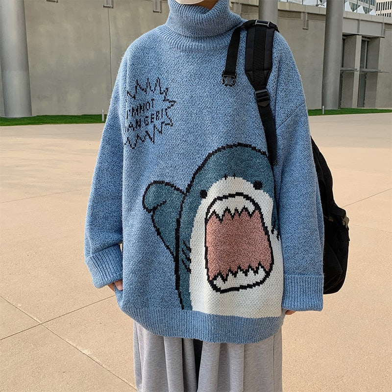 ZAZOMDE Men Turtlenecks Shark Sweater Men 2022 Winter Patchwor Harajuku Korean Style High Neck Oversized Grey Turtleneck For Men