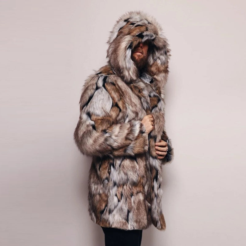 Fashion Mens Warm Leopard Thick Hooded Coat Jacket Faux Fur Outwear Overcoat Mens Warm Leopard Thick Hooded Coat Outwear