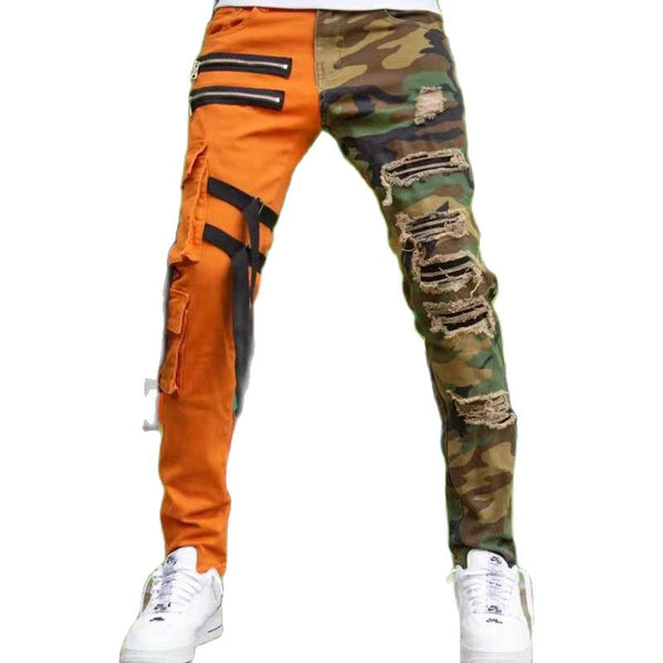 Punk Ripped Jeans Men Camouflage Color Block Slim-fit Straight-leg Overalls Spring Fashion Plus Size Mens Pants