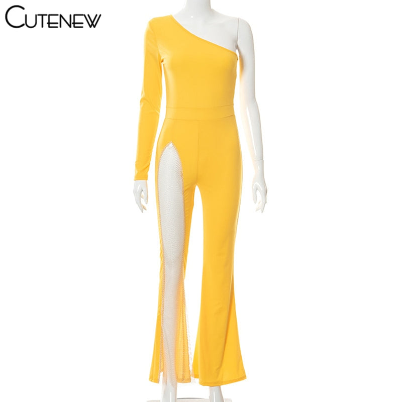 Cutenew Sexy Mesh Patchwork One Shoulder Playsuits Women Elegant Solid Skinny Flare Pants Jumpsuit Fashion Lady Party Streetwear