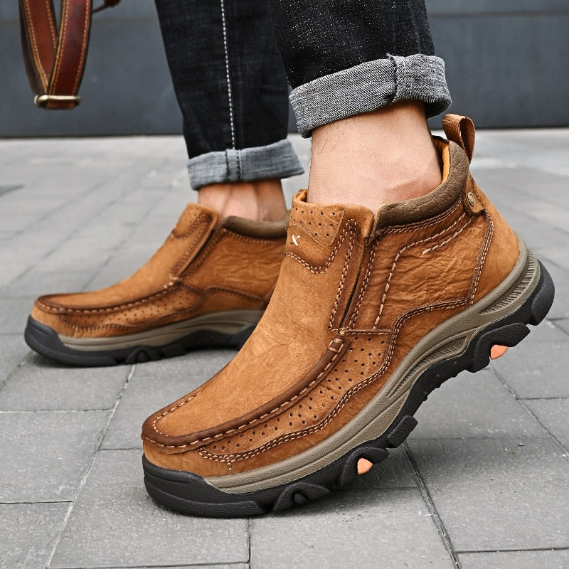 Cow Leather Mens Walking Shoes Ankle Boots Handmade Flat Outdoor Climing Sneakers Short Boots Plus Size 38-48