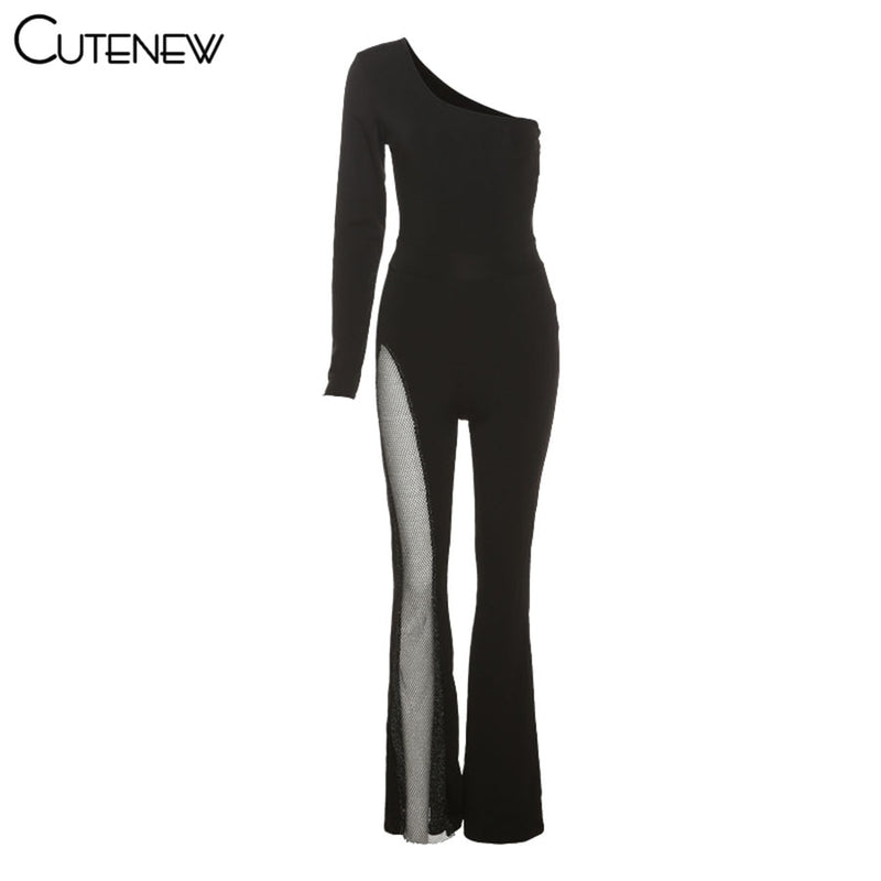 Cutenew Sexy Mesh Patchwork One Shoulder Playsuits Women Elegant Solid Skinny Flare Pants Jumpsuit Fashion Lady Party Streetwear