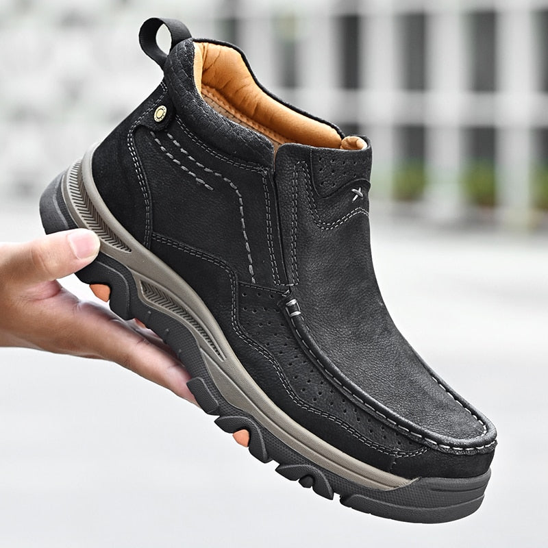 Cow Leather Mens Walking Shoes Ankle Boots Handmade Flat Outdoor Climing Sneakers Short Boots Plus Size 38-48