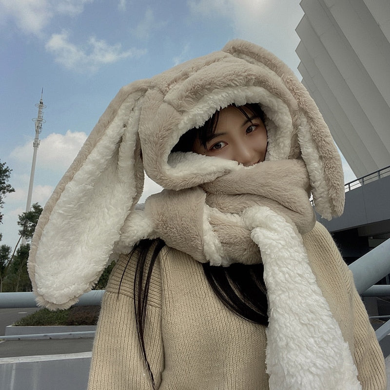 Women Cute Big Ear Bunny  Winter Warm Soft Thickening Pocket Hats  Hooded