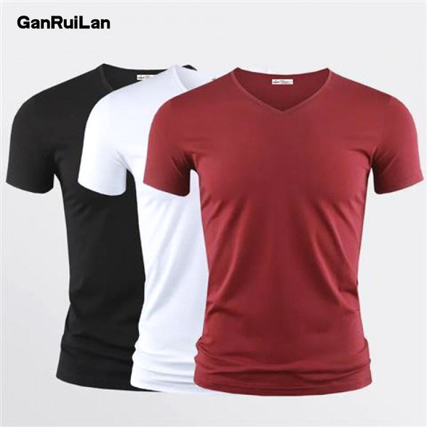 New Mens T Shirt Pure Color V Collar Short Sleeved Tops