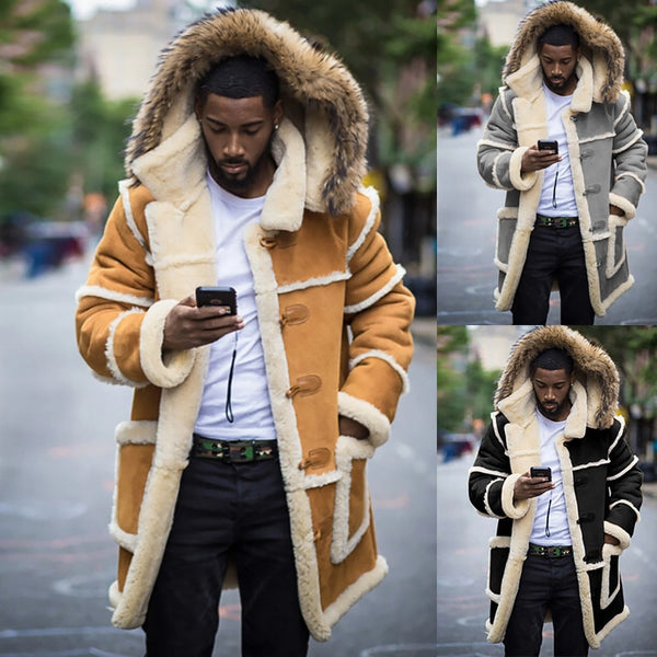 Winter Warm Thicken Mens Faux-Fur Jacket Fleece Stitching Casual Slim-fit Lapel Pocket Hooded Jacket High Quality Outwear 6N0147