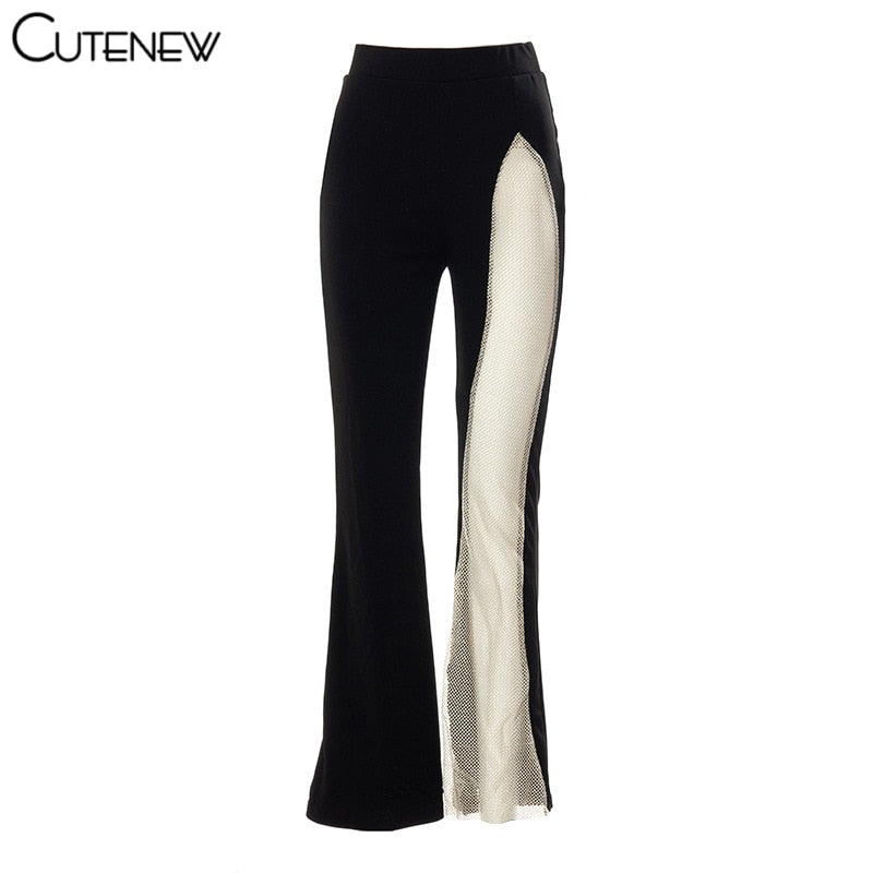 Cutenew Sexy Mesh Patchwork One Shoulder Playsuits Women Elegant Solid Skinny Flare Pants Jumpsuit Fashion Lady Party Streetwear