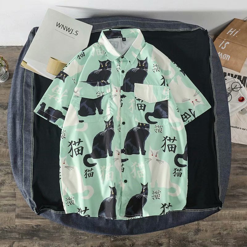 Summer high quality Mens Hawaiian Shirt 3D animal black cat Printed Short lapel Sleeve Big Size Hawaii Men Beach Floral Shirts