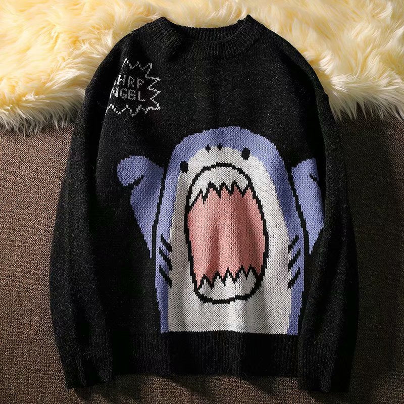 ZAZOMDE Men Turtlenecks Shark Sweater Men 2022 Winter Patchwor Harajuku Korean Style High Neck Oversized Grey Turtleneck For Men