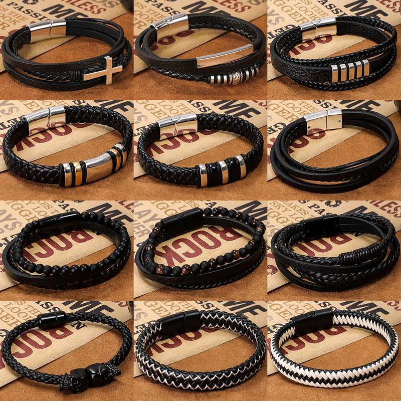 Fashion Simple Natural Stones Beads Handmade Woven Leather Wrap Bracelet Men Metal Leaf Cross Skull Bracelets Bangles Jewelry