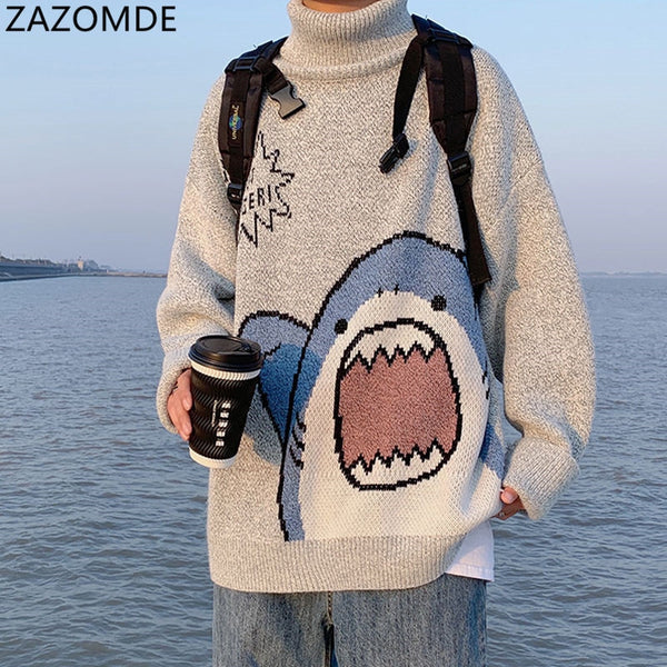 ZAZOMDE Men Turtlenecks Shark Sweater Men 2022 Winter Patchwor Harajuku Korean Style High Neck For Men