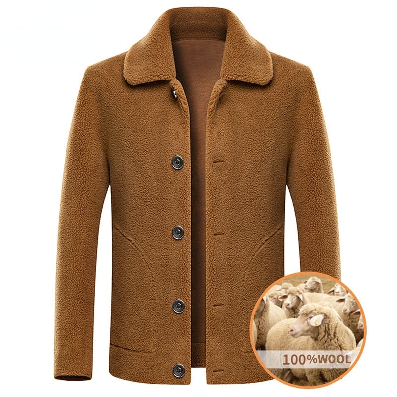 Luxury Men's Fur Jacket Casual Turn Down Collar Coat Full Button Sheepskin Reversible Garment Long Sleeve Fleece Warm Suit 5XL