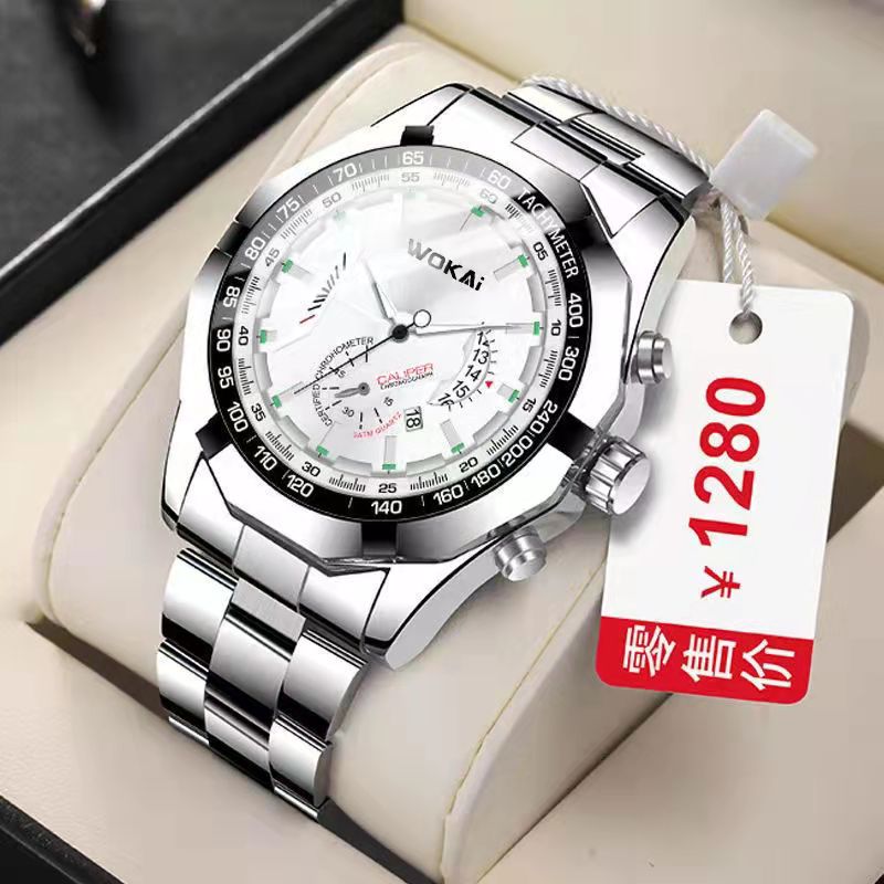 WOKAI high quality casual men's steel band quartz calendar watch multi-function luminous waterproof business sports clock