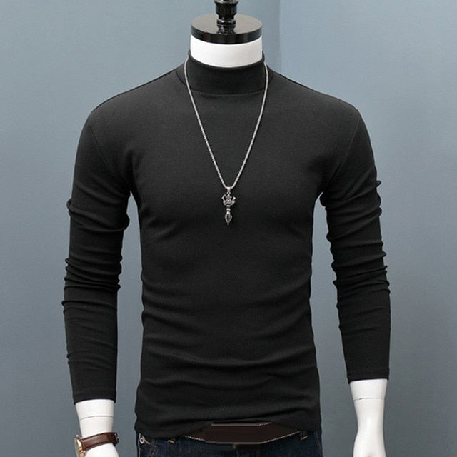 Hot Winter Warm Men Mock Neck Basic Plain T-shirt Blouse Pullover Long Sleeve Top Male Outwear Slim Fit Stretch Fashion Sweater