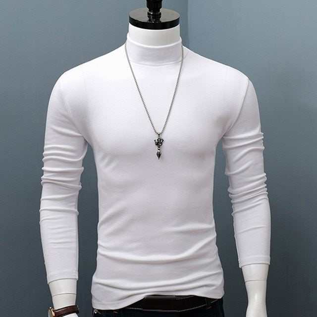 Hot Winter Warm Men Mock Neck Basic Plain T-shirt Blouse Pullover Long Sleeve Top Male Outwear Slim Fit Stretch Fashion Sweater