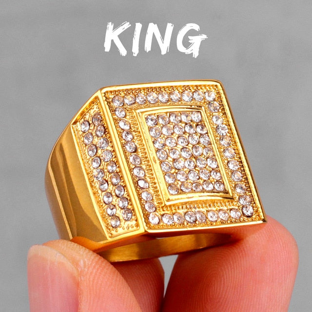 Luxury Gold Rhinestone Stainless Steel Mens Rings Simple Trendy For Male Boyfriend Biker Jewelry Creativity Gift Wholesale