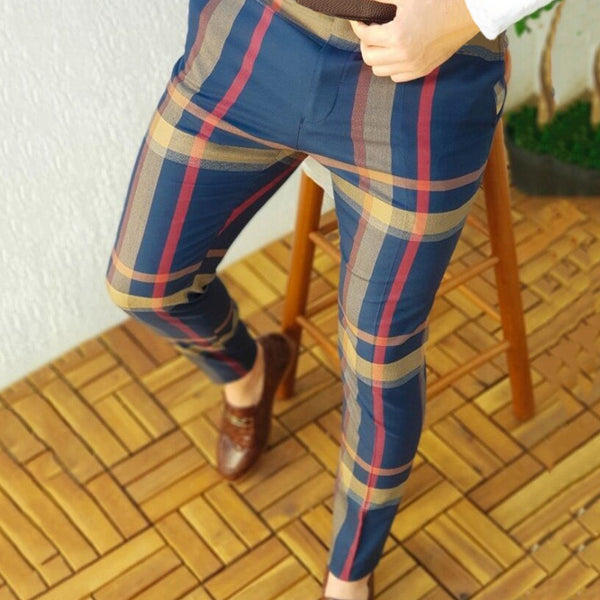 Men&#39;s Casual Plaid Print Party Suit Pants Stretch Feet Pants With Pockets Hot Sale Men Korean Muti-color Plaid Casual Pants