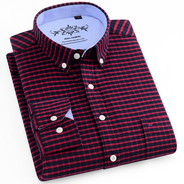 Men's Long Sleeve Oxford Plaid Striped Casual Shirt Front Patch Chest Pocket Regular-fit Button-down Collar Thick Work Shirts