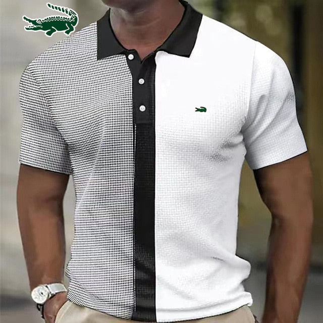 Men's Polo Shirt Fashion Stripe Stitching Casual Lapel Button Summer Men's Short Sleeve Slim Figure Breathable Routine Work Polo