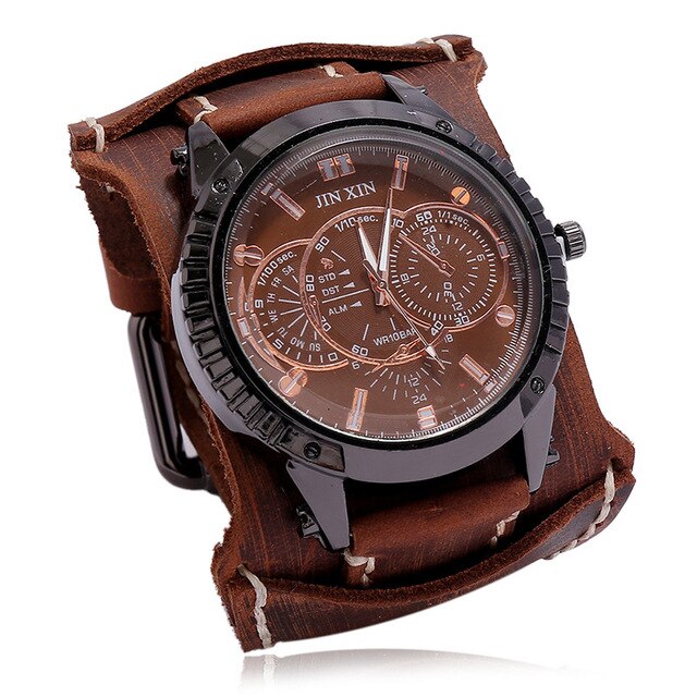 Mens Quartz Watches Jessingshow Luxury Wristwatch 2023 Cowhide Watchband Punk Style Watch for Men Wide Genuine Leather Bracelets