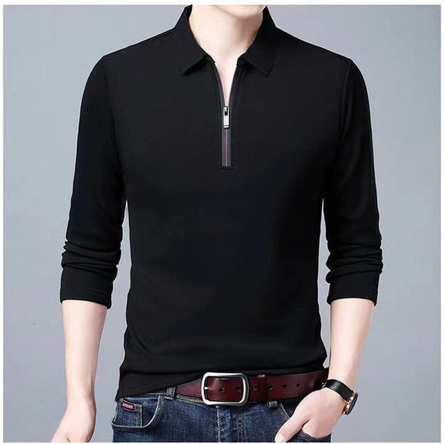 New Men's Solid Polo Shirt Lapel Long-sleeved Polos Shirt Zipper