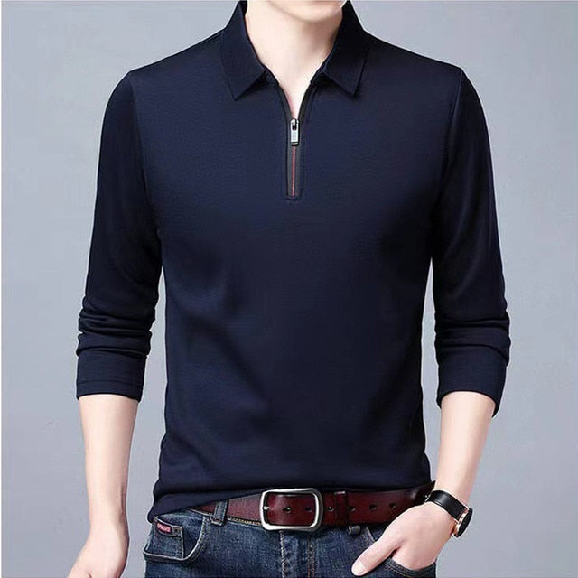 New Men's Solid Polo Shirt Lapel Long-sleeved Polos Shirt Zipper