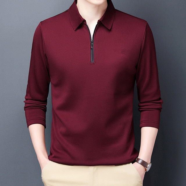 New Men's Solid Polo Shirt Lapel Long-sleeved Polos Shirt Zipper