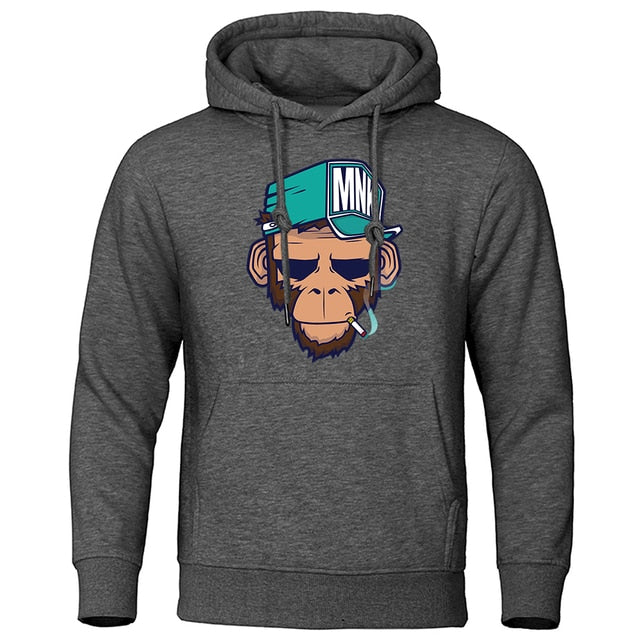 Personality Smoking Monkey Hoodie Mens Fashion Warm Sweatshirt Hip Hop