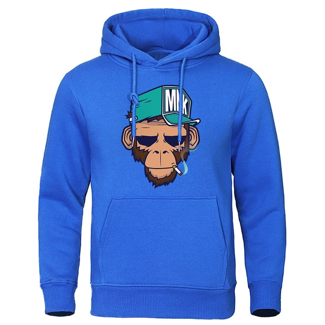 Personality Smoking Monkey Hoodie Mens Fashion Warm Sweatshirt Hip Hop