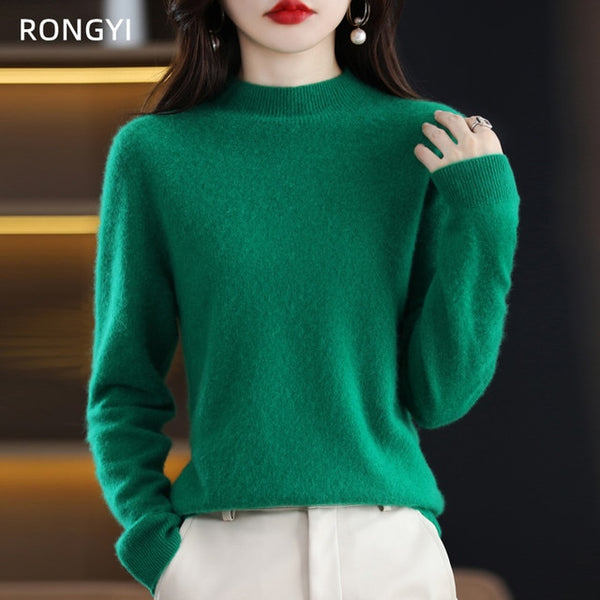 RONGYI 100% Pure Wool Half-neck Pullover Autumn /Winter Cashmere Sweater Woman Casual Knitted Tops Female Jacket Korean Fashion