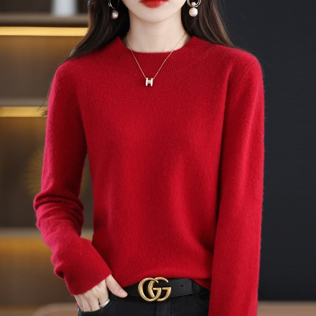 RONGYI 100% Pure Wool Half-neck Pullover Autumn /Winter Cashmere Sweater Woman Casual Knitted Tops Female Jacket Korean Fashion