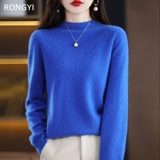 RONGYI 100% Pure Wool Half-neck Pullover Autumn /Winter Cashmere Sweater Woman Casual Knitted Tops Female Jacket Korean Fashion