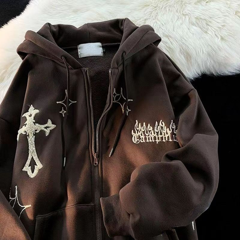 Women Embroidery Hoodies Goth Retro High Street Zip Up Loose Jacket Coats Casual Harajuku Hip Hop Hooded Sweatshirts Y2k Clothes