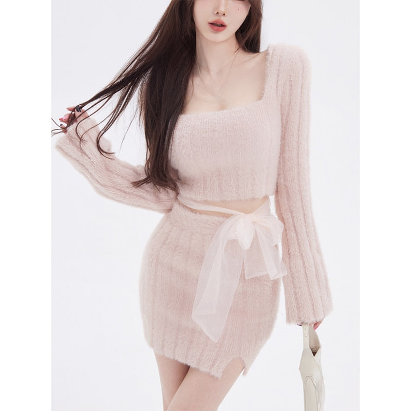 2022 Autumn Sweater Knitted Suits Female Elegant 2 Piece Dress Korean Fashion Even Party Y2k Mini Dress Office Lady Short Skirts