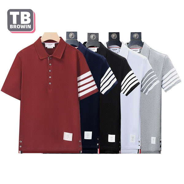 TB BROWIN brand men's half-sleeve four-bar striped cotton luxury lapel short-sleeved T-shirt Thom casual trend couple wear