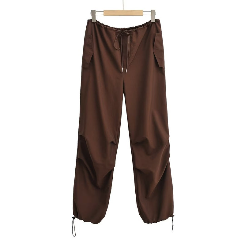 TELLHONEY Women Fashion Drawstring Pleat Baggy Cargo Pants Female High Street Chic Low Waist Wide Leg Jogging Parachute Trousers