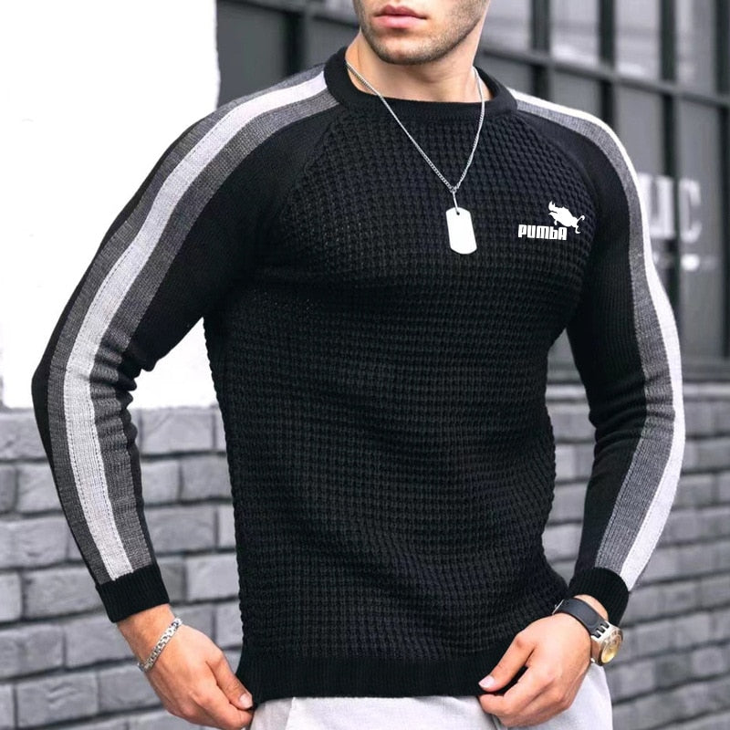 Men's Autumn Winter New Waffle Print Pullover Bottoming Shirt Male Color-blocking High-quality Casual Knitted Sweater