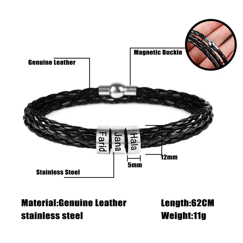 Personalized Mens Braided Genuine Leather Bracelet Stainless Steel Custom Beads Name Charm Bracelet for Men with Family Names