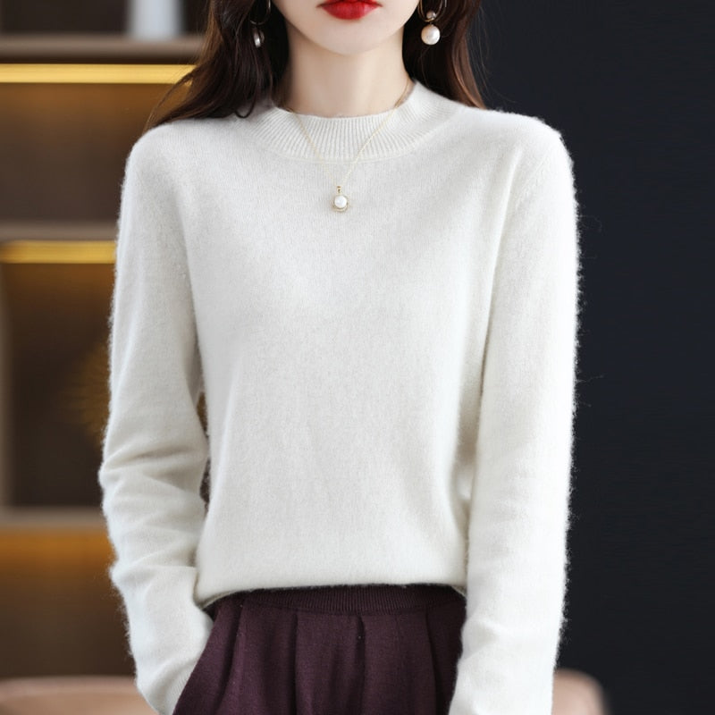 RONGYI 100% Pure Wool Half-neck Pullover Autumn /Winter Cashmere Sweater Woman Casual Knitted Tops Female Jacket Korean Fashion