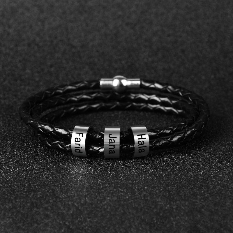 Personalized Mens Braided Genuine Leather Bracelet Stainless Steel Custom Beads Name Charm Bracelet for Men with Family Names