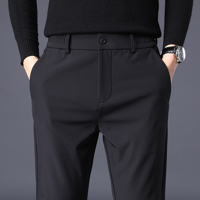 Spring Autumn Men's Casual Pants Business Stretch Slim Fit Elastic Waist Jogger Korean Classic Thick Black Gray Trousers Male