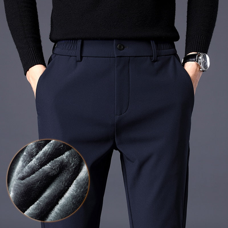 Winter Warm Men's Fleece Pants Thick Business Stretch Slim Fit Elastic Waist Jogger Korean Classic Black Gray Blue Trousers Male