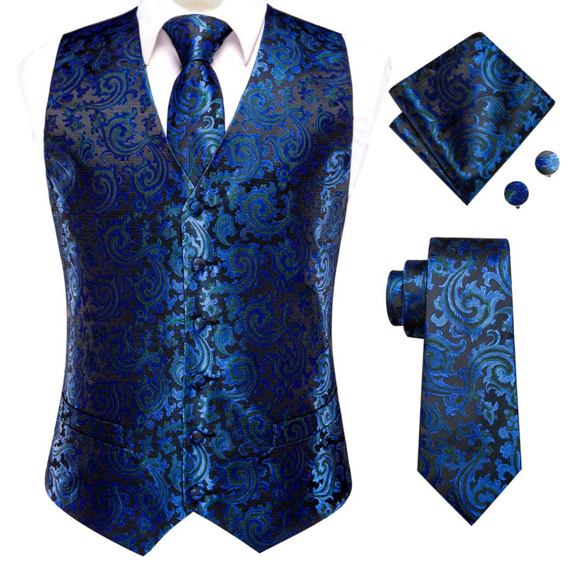 Hi-Tie 20 Color Silk Men's Vests and Tie Business Formal Dresses Slim Vest 4PC Hanky cufflinks for Suit Blue Paisley Waistcoat